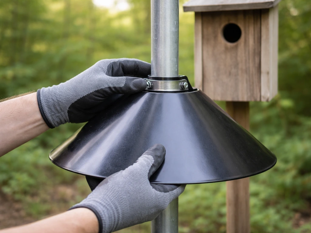 Hands attaching a predator baffle to a smooth metal pole next to a nest box opening