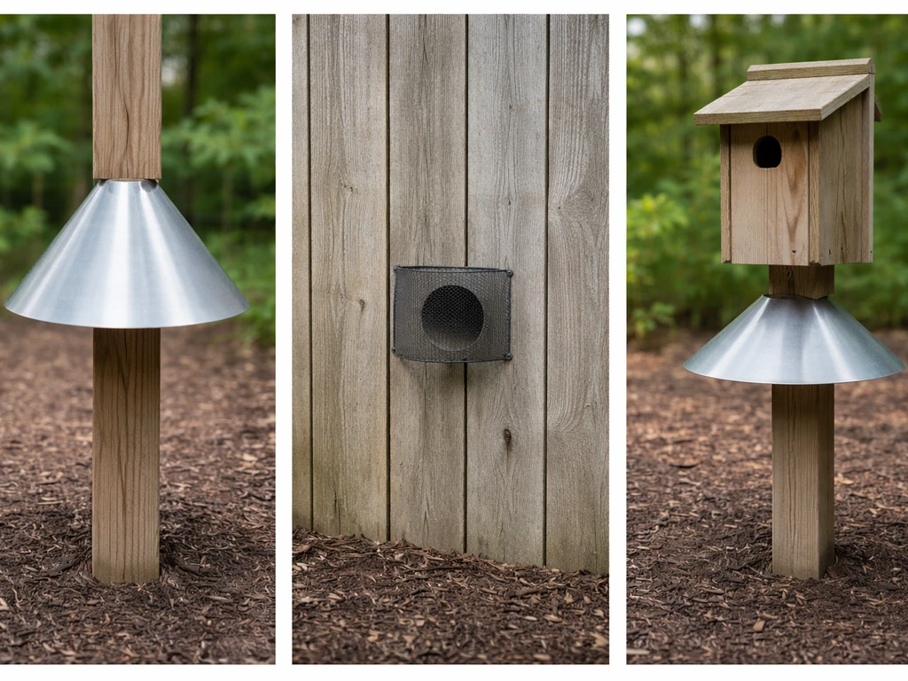 Three outdoor physical barriers side-by-side: pole baffle, hole guard, and covered nest box.