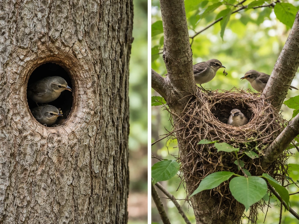 Split woodland view showing a bird entering a trunk cavity hole vs entering a branch nest.