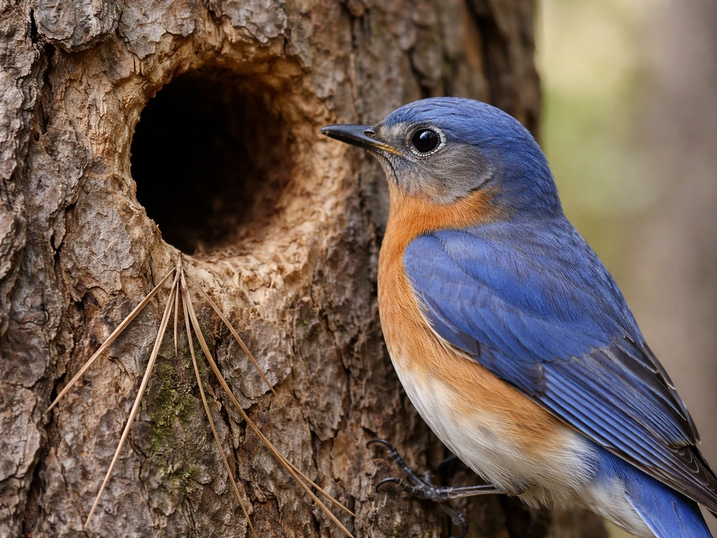 Eastern Bluebird at a small old woodpecker cavity in a tree trunk with dry grass and pine needles visible.
