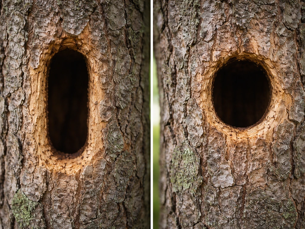 Close-up of a small woodpecker cavity entrance in a tree with a simple split view showing oblong vs round holes.