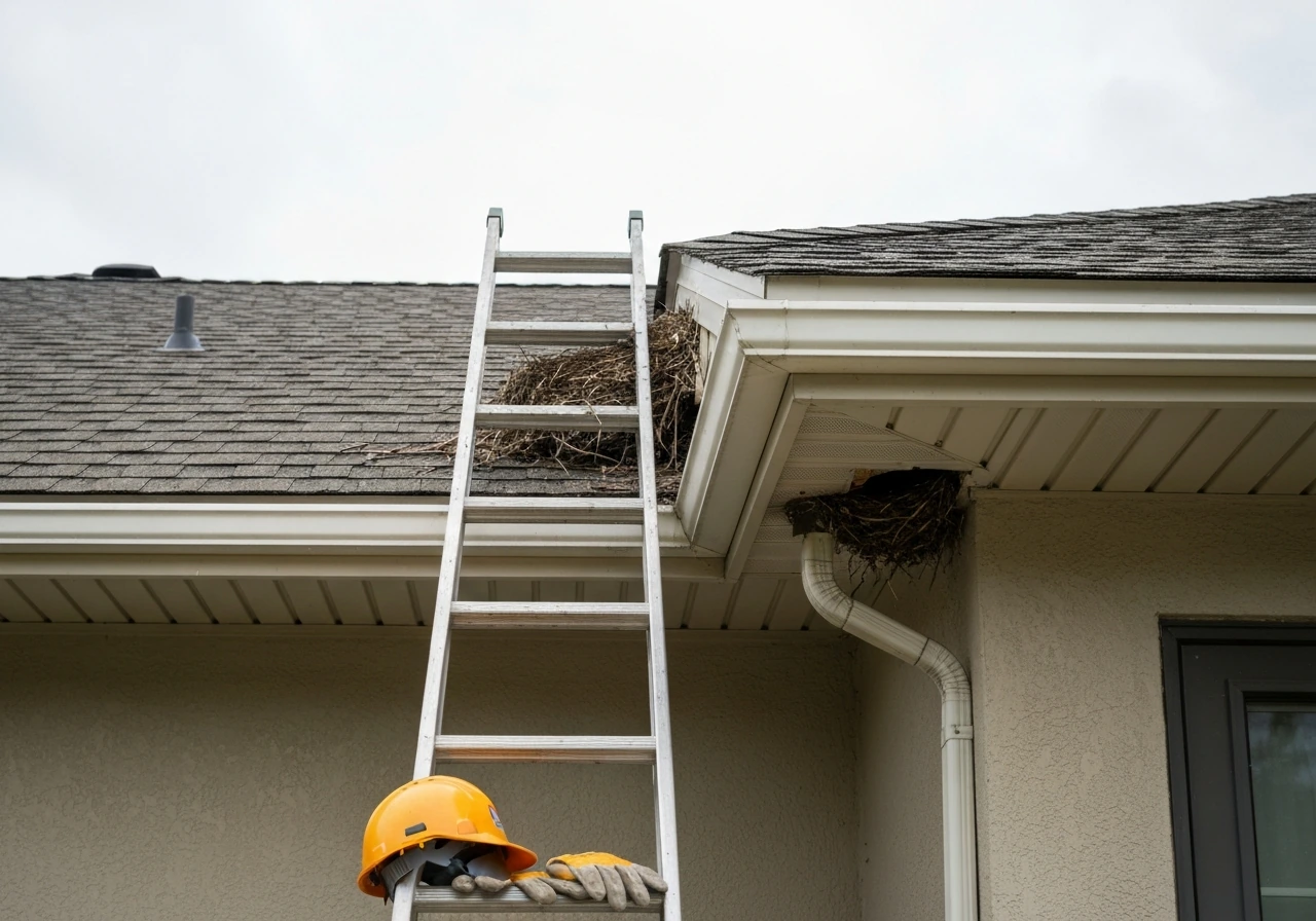 Rooftop edge with an empty bird nest spot and a professional inspection setup with ladder and safety gear