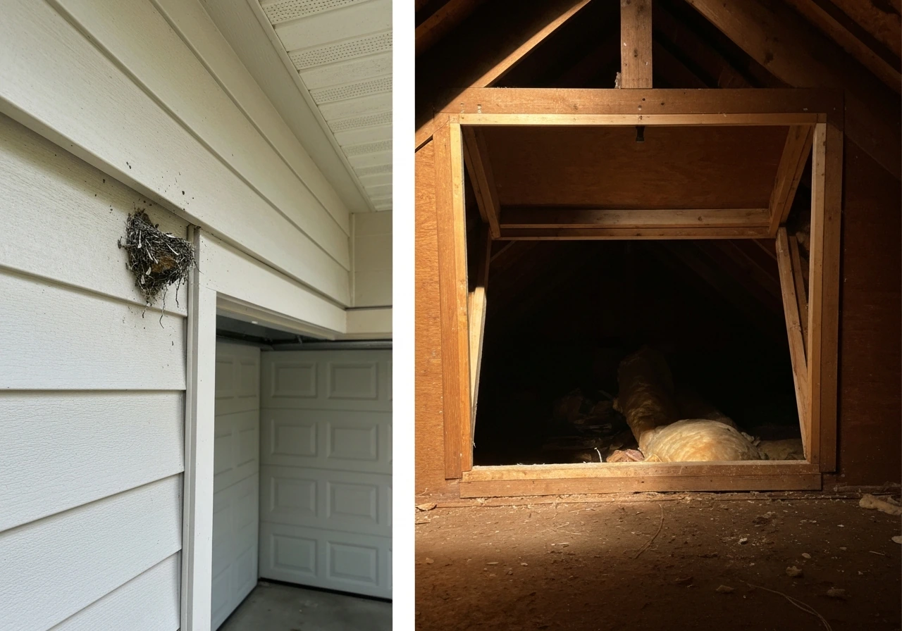 Split view of an easy exterior bird nest removal setup and a harder attic access removal setup.