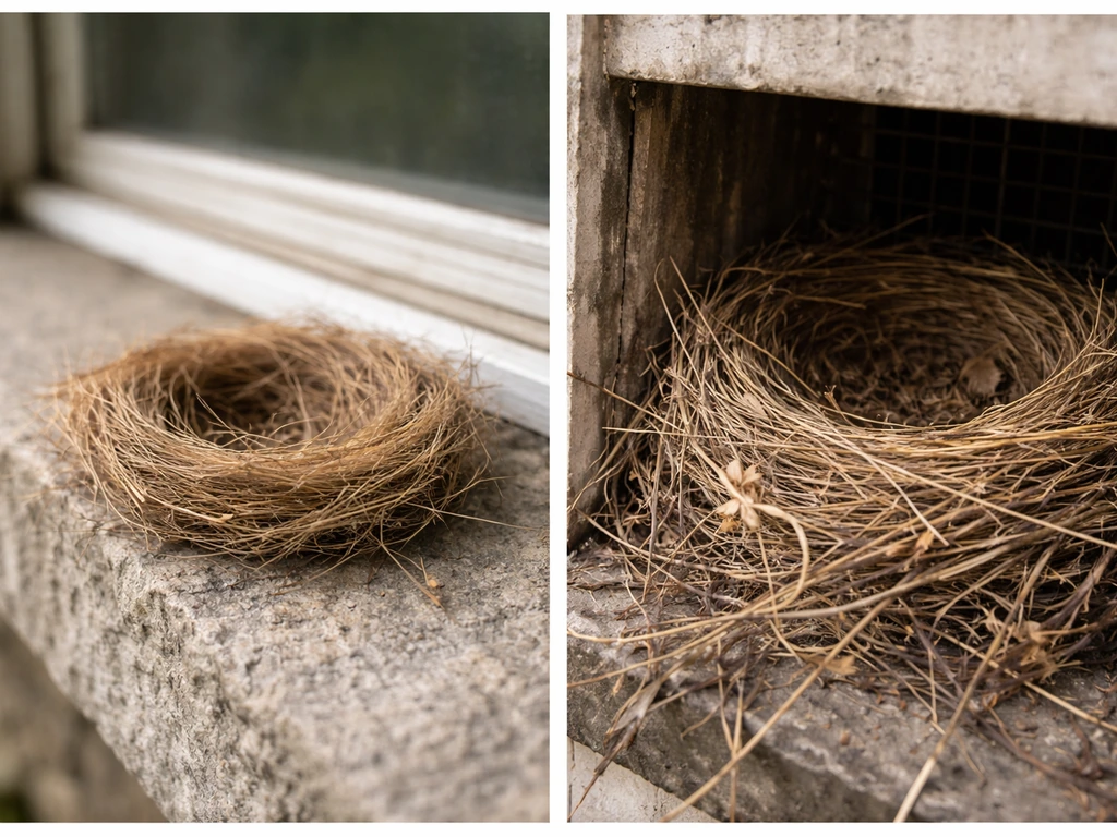 Close-up view comparing a small grass cup nest on a ledge with a larger twig nest in a vent