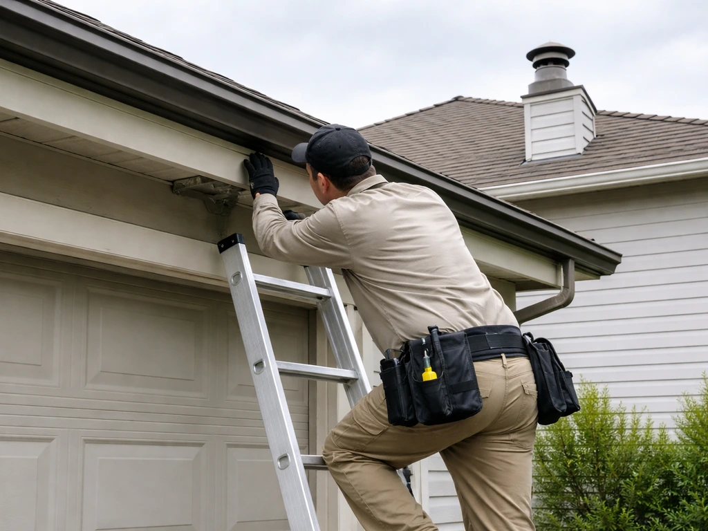 Technician in a minimal setting using a ladder to check a nest near a second-story vent