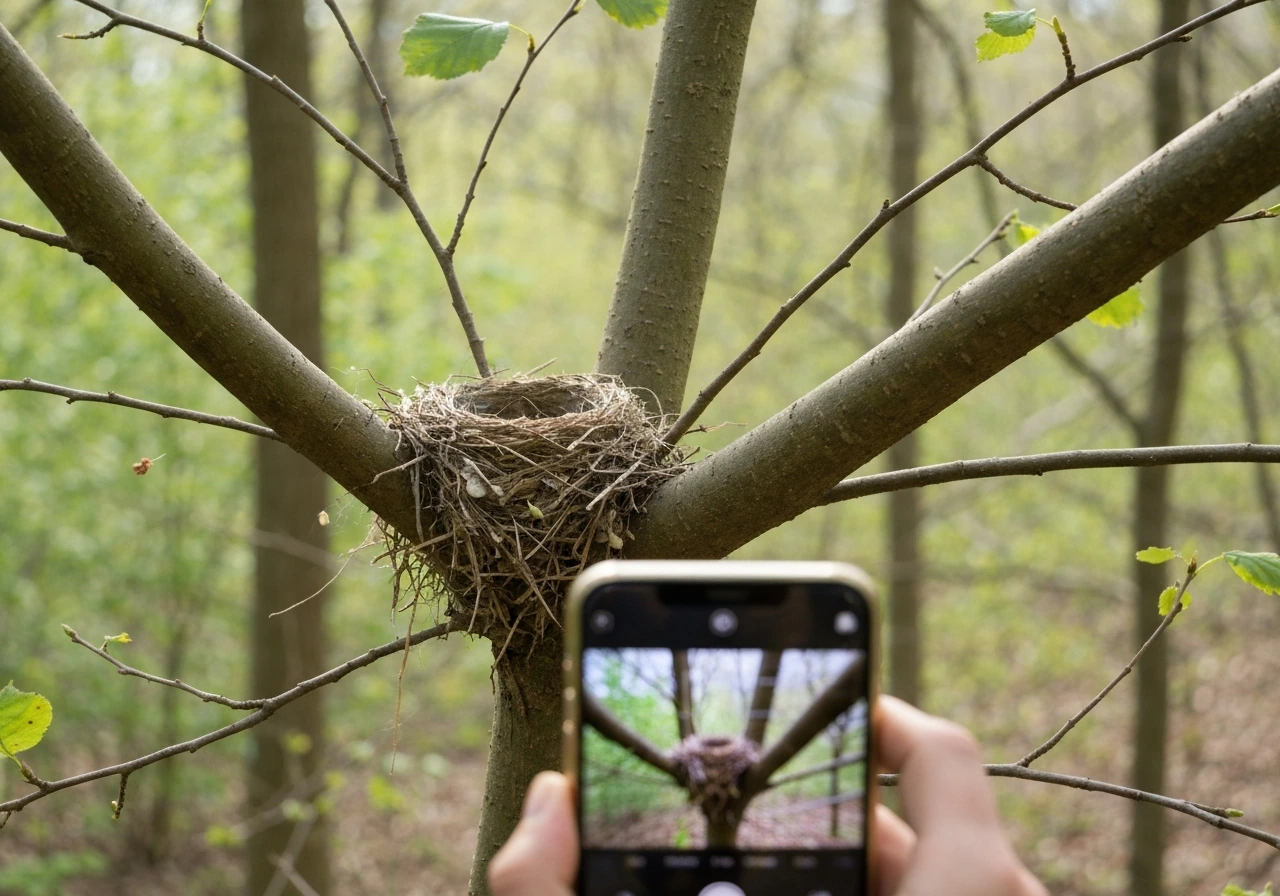 Person photographing a bird nest from a safe distance with a smartphone in a tree.