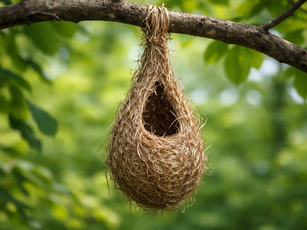 Close-up of a pendant hanging nest from a branch, photographed from below and side-like angle in foliage.