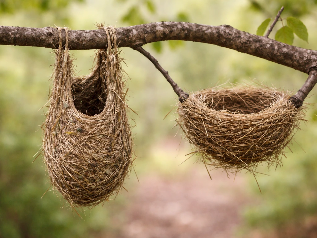 Close-up of a woven hanging bird nest pouch beside a flatter cup-like nest form on a tree branch