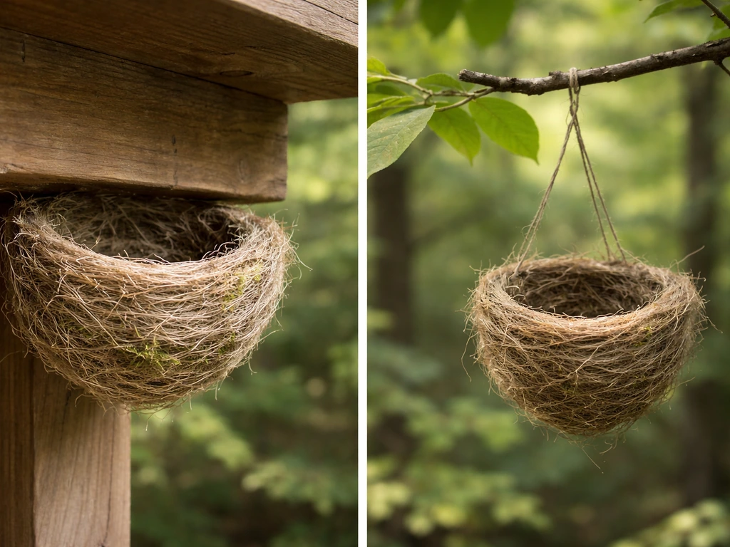 Two small bird nests: one cup tucked to a ledge, one true pendant cup hanging from a twig.