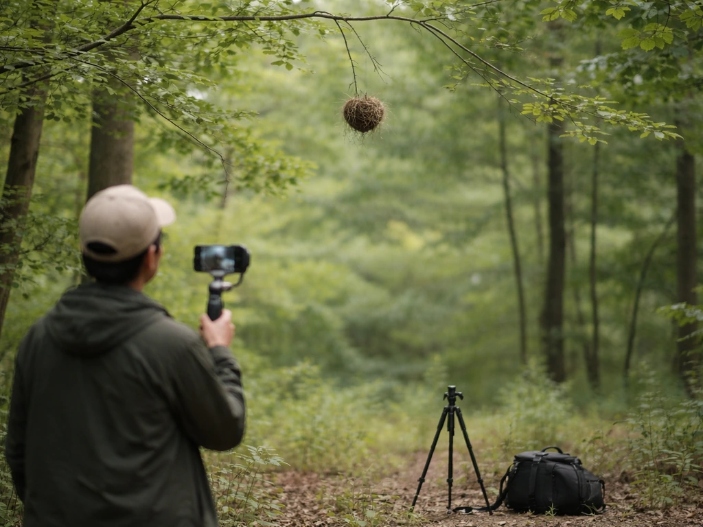A small bird nest high on a thin branch with a distant camera setup nearby, no one approaching.