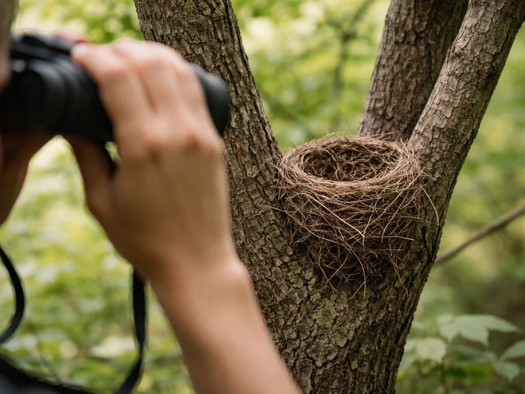 Bird nest in a tree fork observed from a safe distance with binoculars, minimal natural light scene.