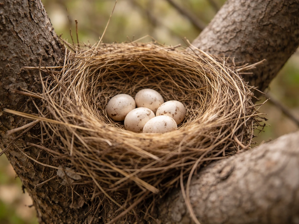Close-up of a bird nest on a tree branch with eggs inside, softly blurred background.