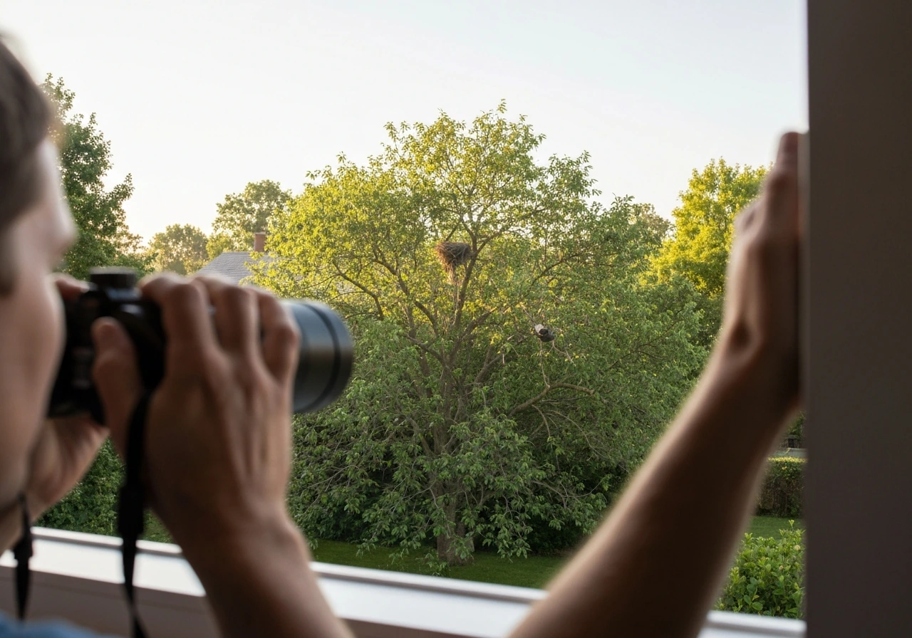 Binoculars aimed from a window toward a small active nest in a tree, viewer kept non-identifiable.