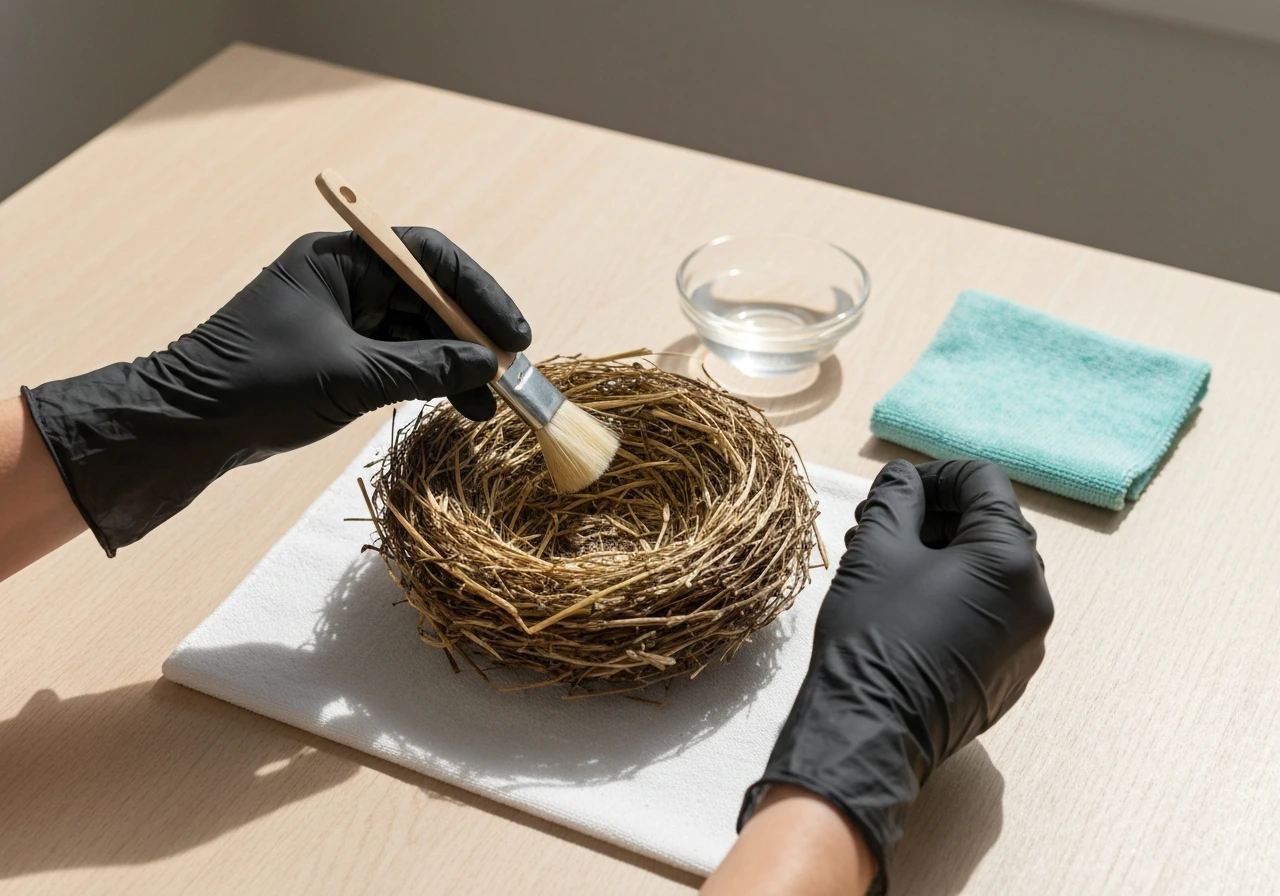 Nitrile-gloved hands cleaning an empty bird nest on a clean cloth
