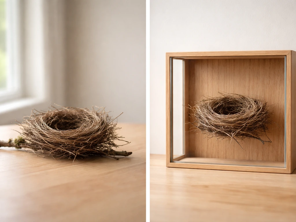 A simple side-by-side photo of an in-place empty bird nest and the nest preserved in a glass shadow box.