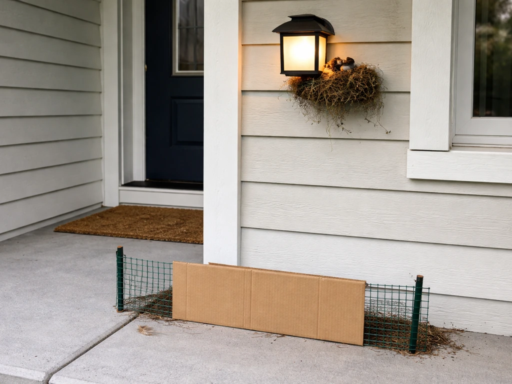 Home doorway with a bird nest beside a porch light and a small barrier keeping pets away.