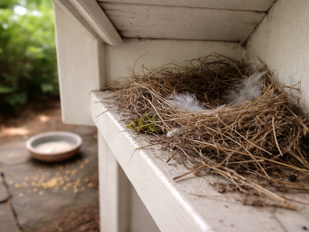 Sheltered porch corner with a bird nest-in-progress, nearby water dish and scattered seeds.
