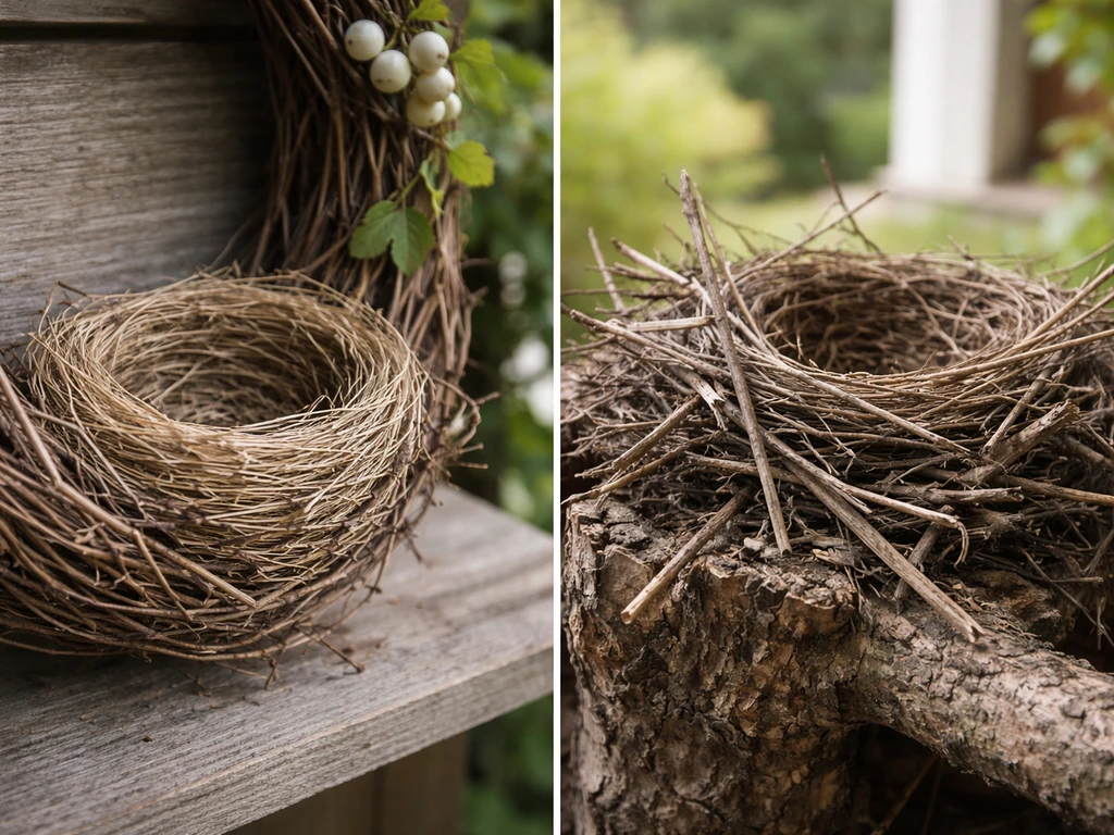 Close-up of two bird nests—woven cup in a porch wreath and a nearby stick pile—in natural light.