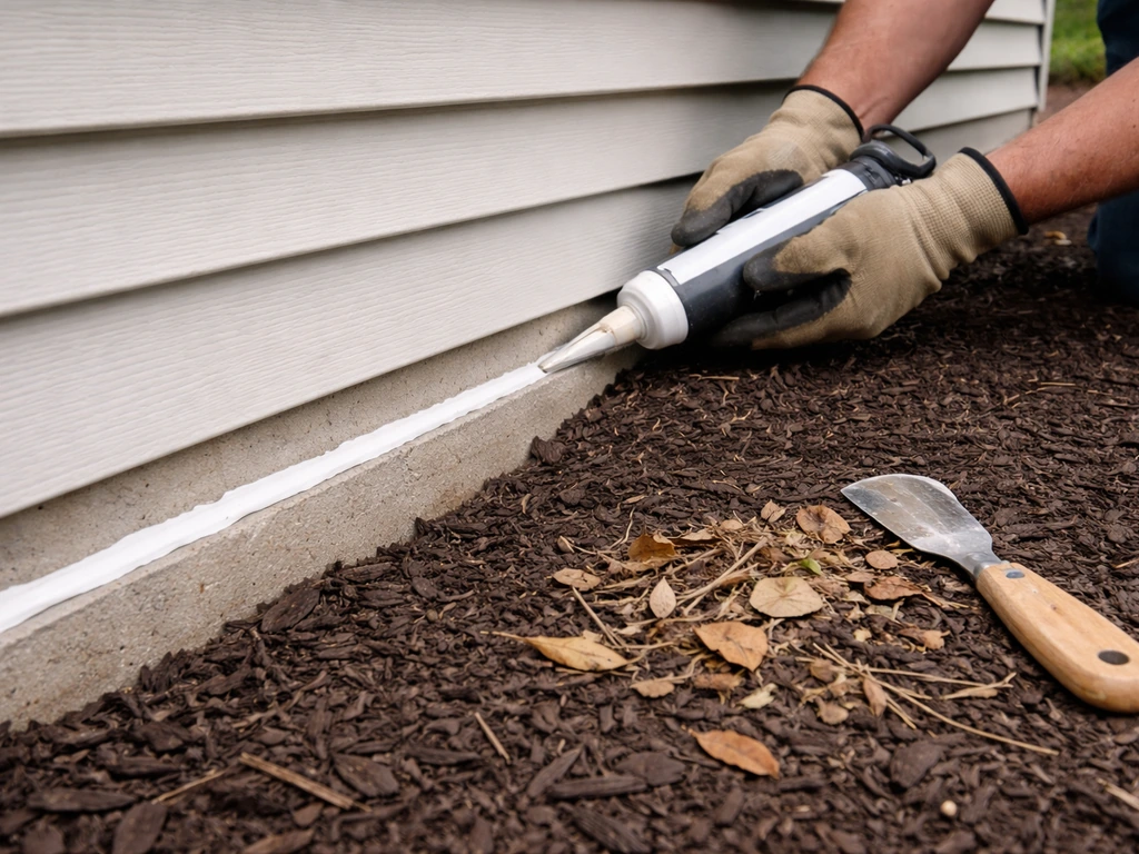 Gloved hands caulk a small exterior gap along a home edge while debris is cleared from the perimeter.