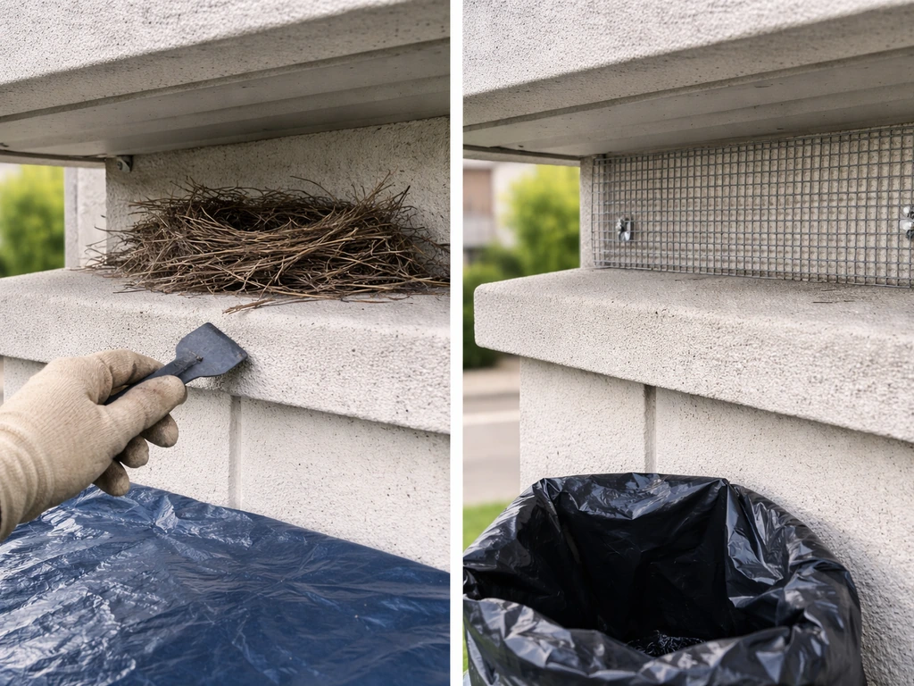 Two-frame scene: gloves remove an empty nest, then an exclusion mesh barrier is placed right after.