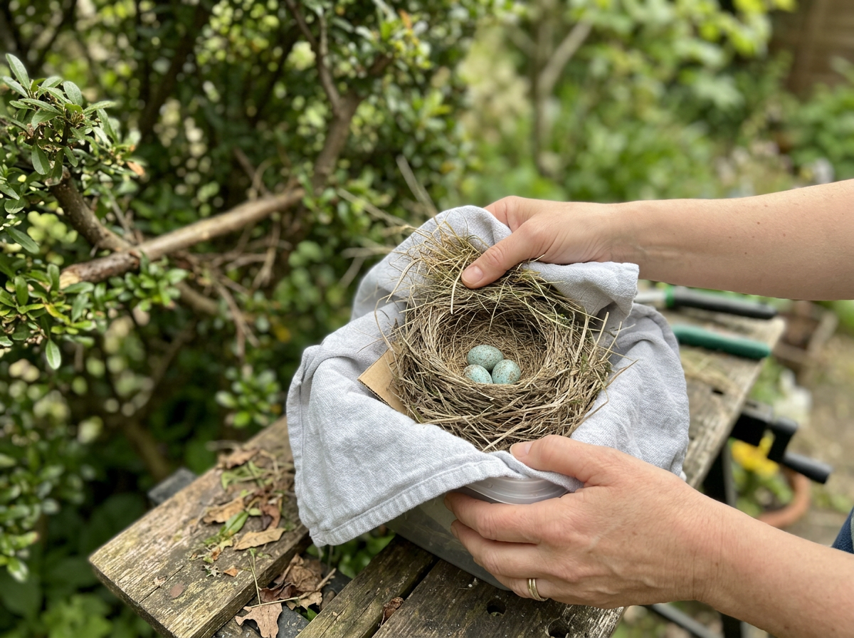 Using a lined container and minimal handling to relocate eggs to a nearby spot