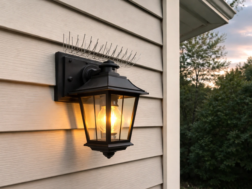 Exterior light fixture with humane bird-deterrent barrier installed, no nest present.