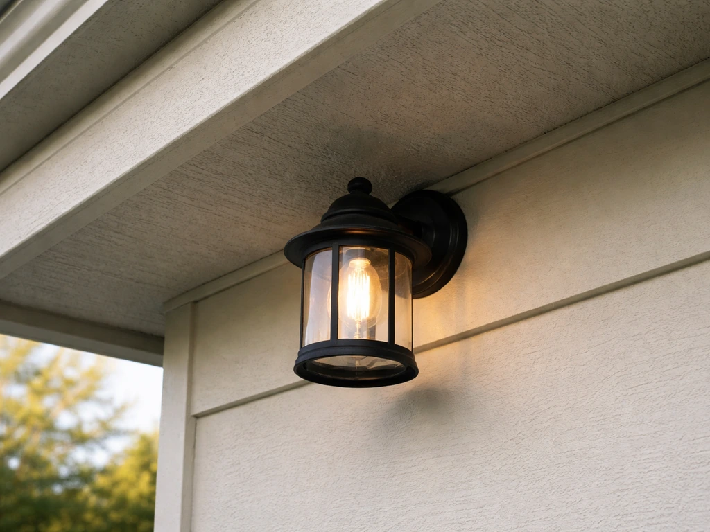 Exterior light fixture under an eave with clear sightline from the ledge above a quiet building facade.