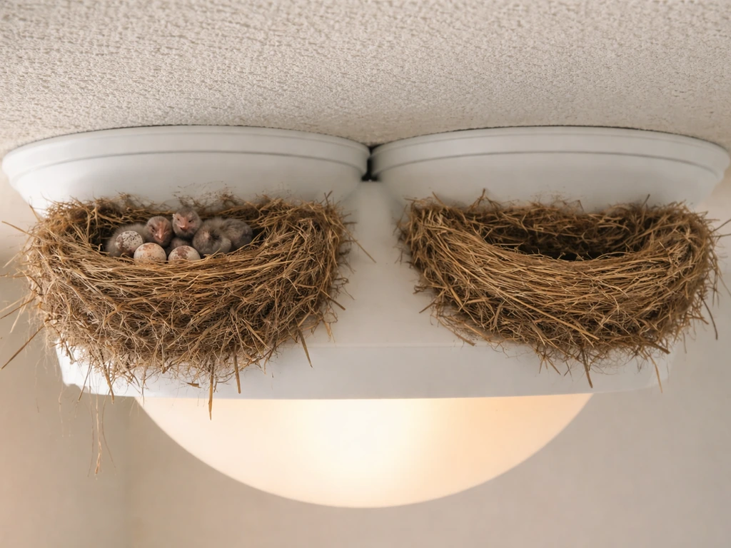 View from a distance of two bird nests near a light fixture—one with eggs/chicks, one empty.