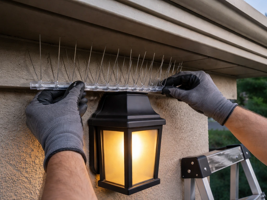 Technician’s gloved hands installing bird spike strips on an outdoor light fixture ledge to block landing.
