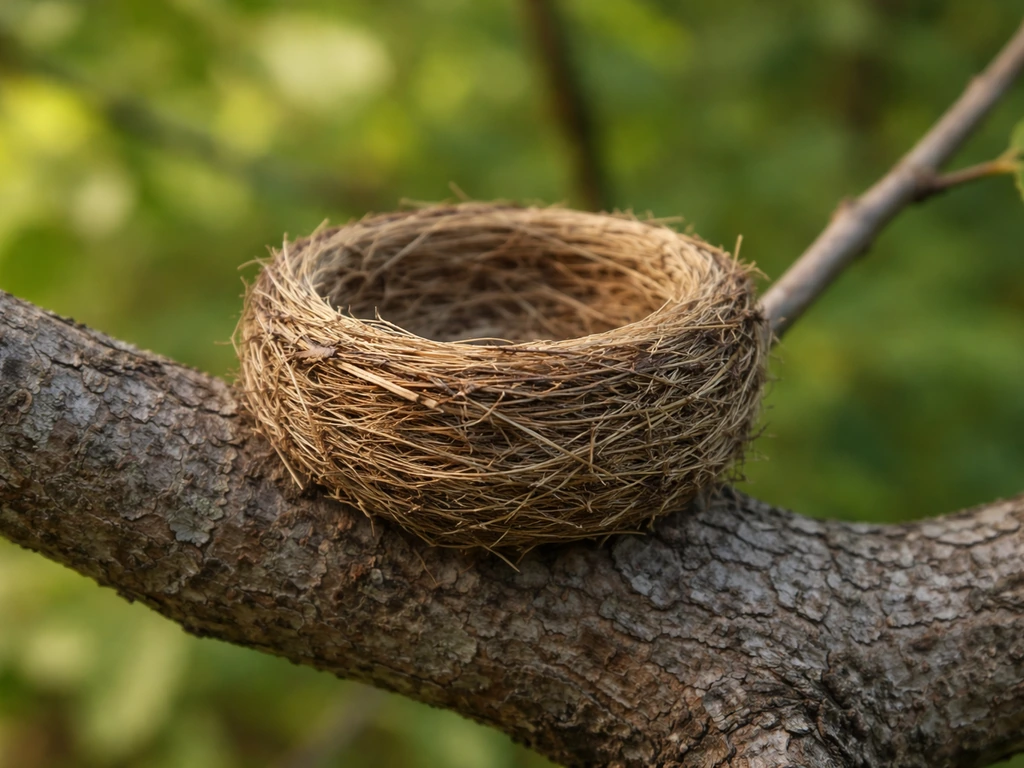 Small round bowl nest on a tree branch with visible grass fibers in soft morning light