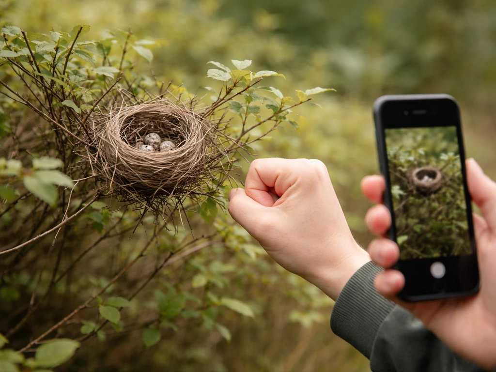 Hands holding a phone from 10+ feet away and pointing at a small round nest on a low branch.