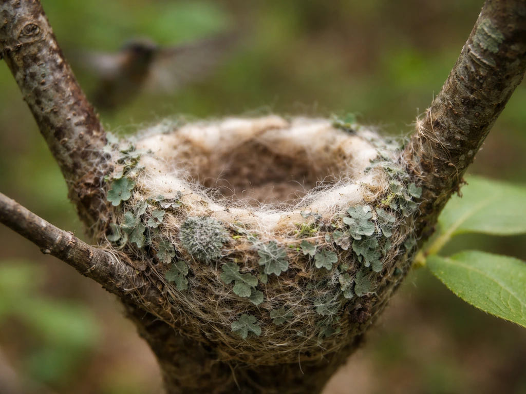 Macro photo of a tiny cup-shaped hummingbird nest with lichen and plant down lining in a branch fork.
