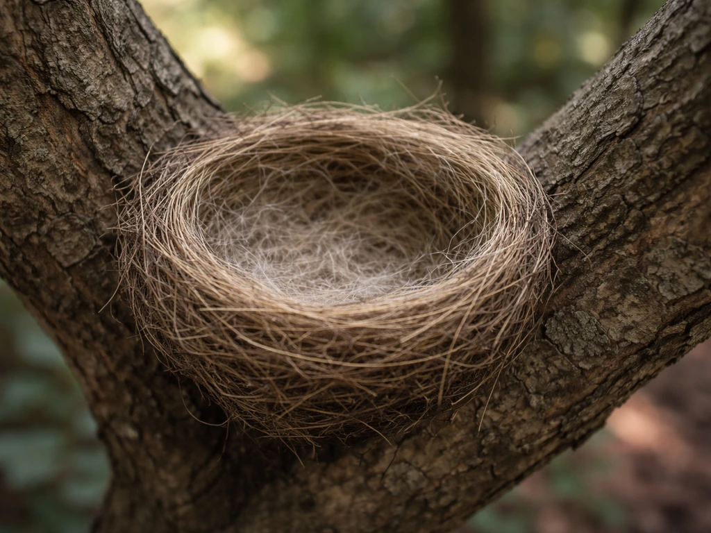 Small chipping sparrow nest cup with tightly woven fine grass and rootlets, lined with hair-like fibers.