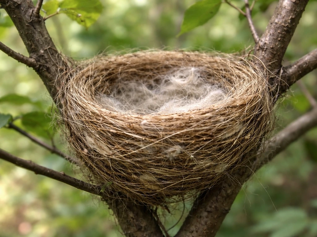 American goldfinch nest in a shrub fork, tightly woven cup lined with thistle down and bound with spider silk.