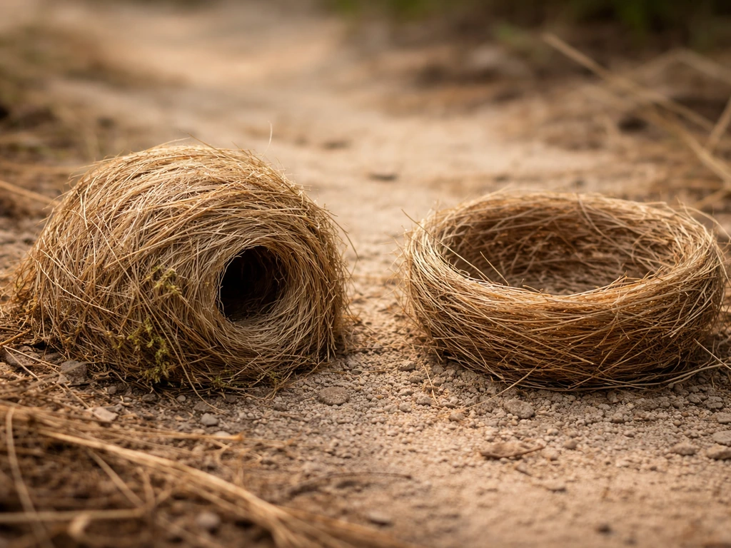 Close-up photo showing side-by-side bird nests: enclosed dome with side hole and an open cup nest.