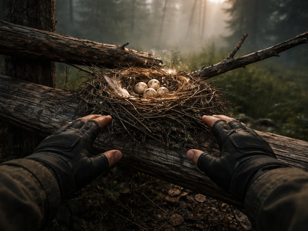 Player in 7 Days to Die approaches a glowing bird nest on a tree, preparing to interact with loot.