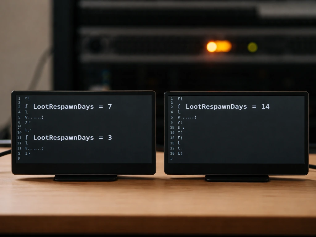 Two side-by-side screens with small code showing different LootRespawnDays defaults and an override.