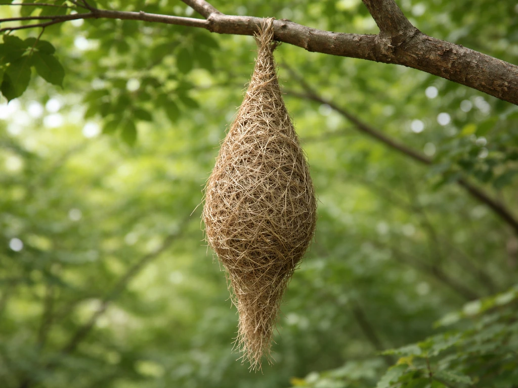 Cone-shaped bird nest hanging from a branch in a sunlit tree canopy
