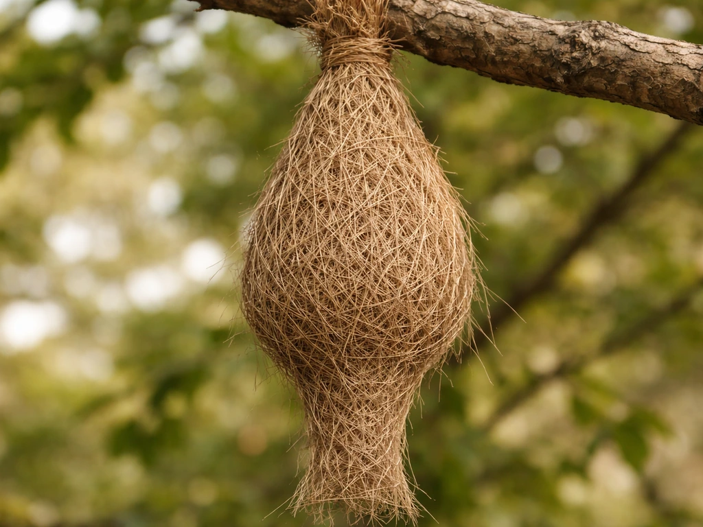 Close-up of a hanging cone-shaped bird nest tapering to a point, attached to a branch outdoors.