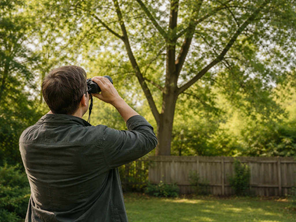 Person using binoculars from a backyard edge, looking up at a high tree for nest identification.