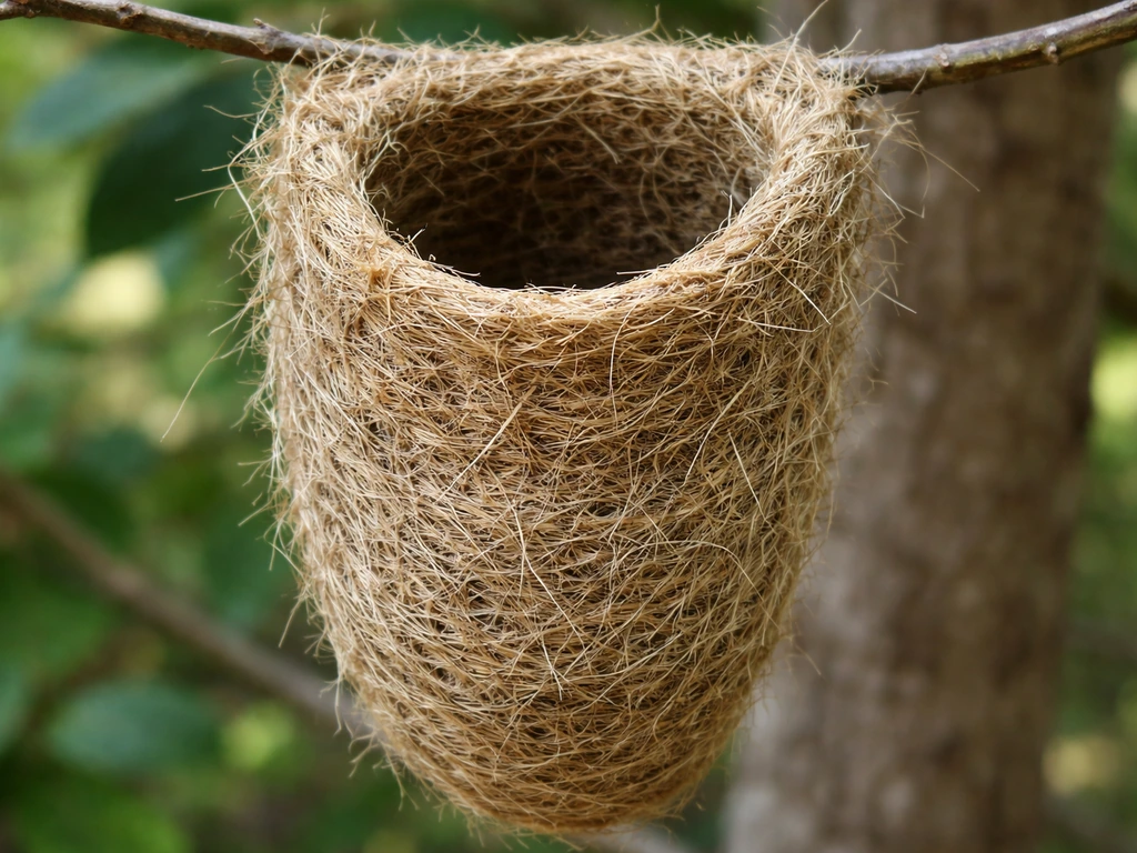 Macro view of an oriole nest showing an open top rim and deep sock-like pouch, no tunnel entrance.