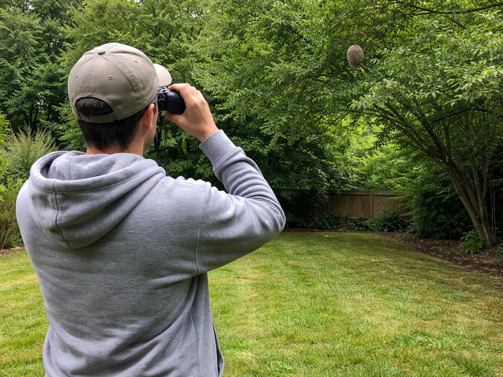 Anonymous homeowner using binoculars from a safe distance to observe a cone-shaped nest on a tree.