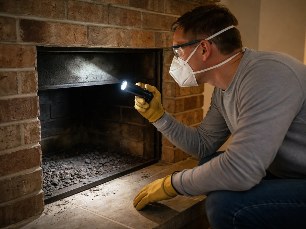 Homeowner in PPE carefully inspecting a chimney opening with a flashlight, flue secured, minimal fireplace scene.