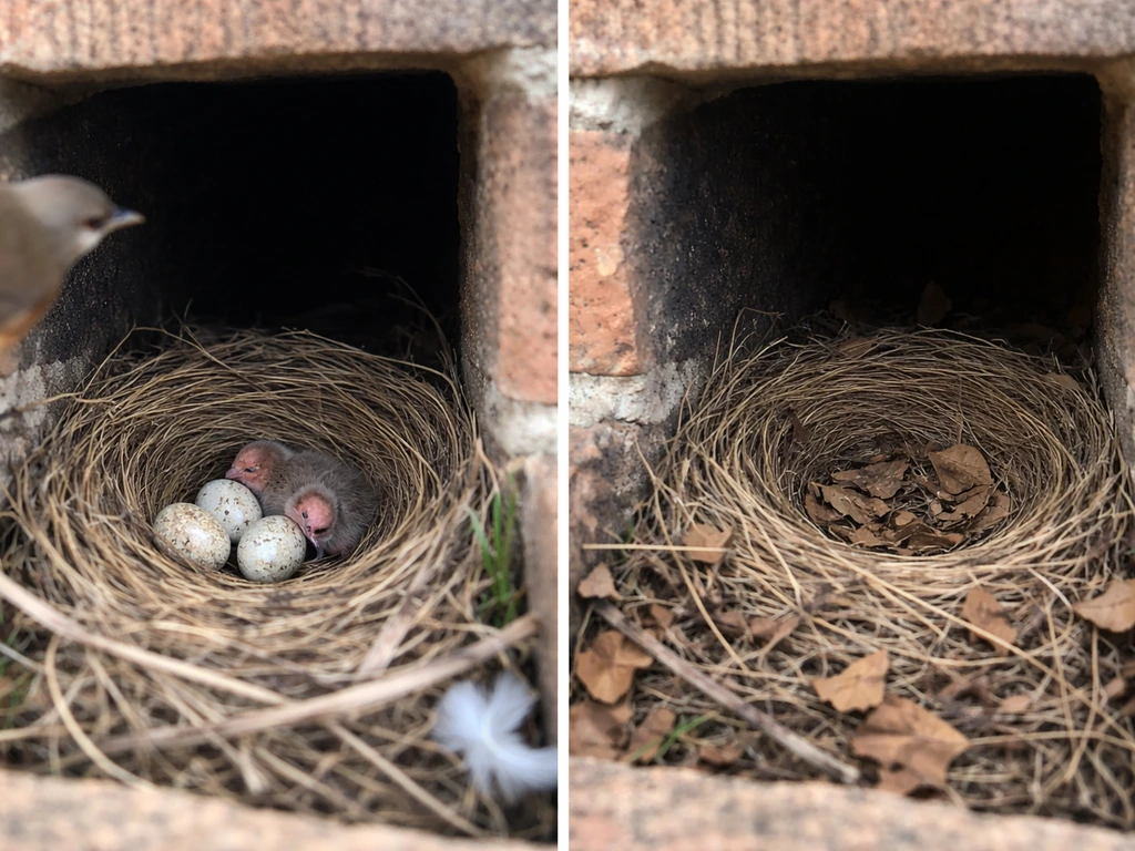 Two-panel view: active nest with eggs/chicks on left, empty abandoned nest near chimney on right.