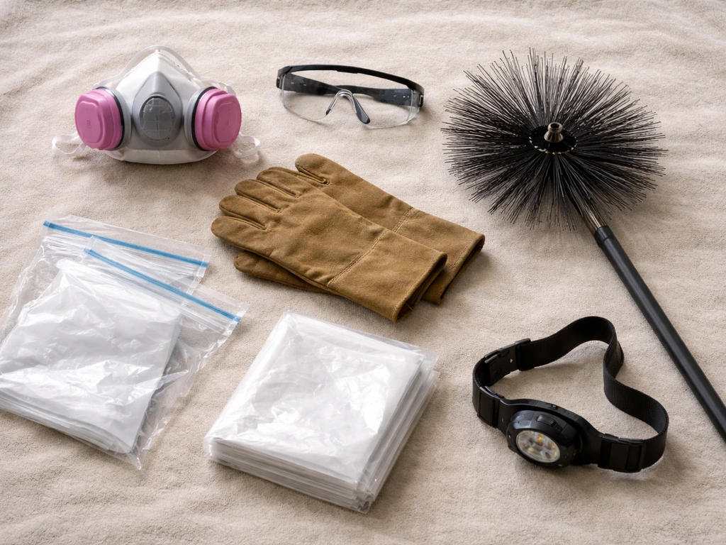 Flat-lay of chimney removal safety kit: respirator, goggles, gloves, bags, brush, headlamp on a drop cloth