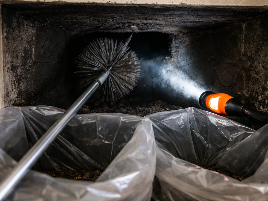 Close-up of a headlamp and long-handled chimney brush inspecting a flue, with heavy-duty plastic bags ready.