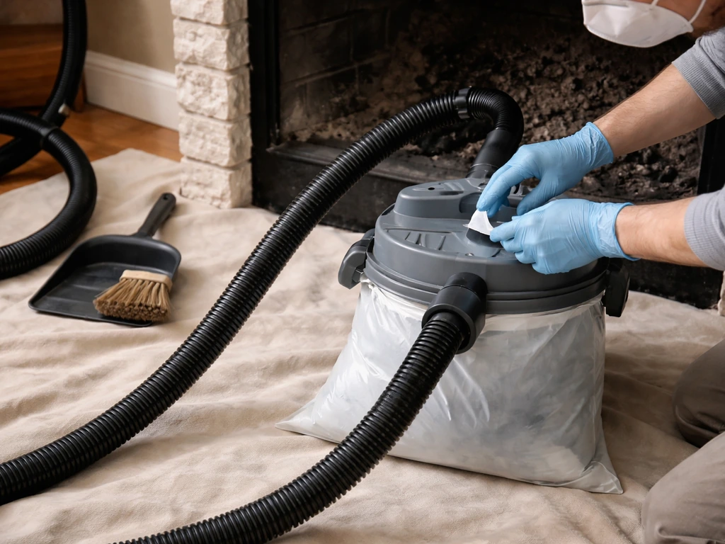 Person sealing a HEPA vacuum bag while cleaning a fireplace smoke shelf; no dry sweeping or open vacuuming.
