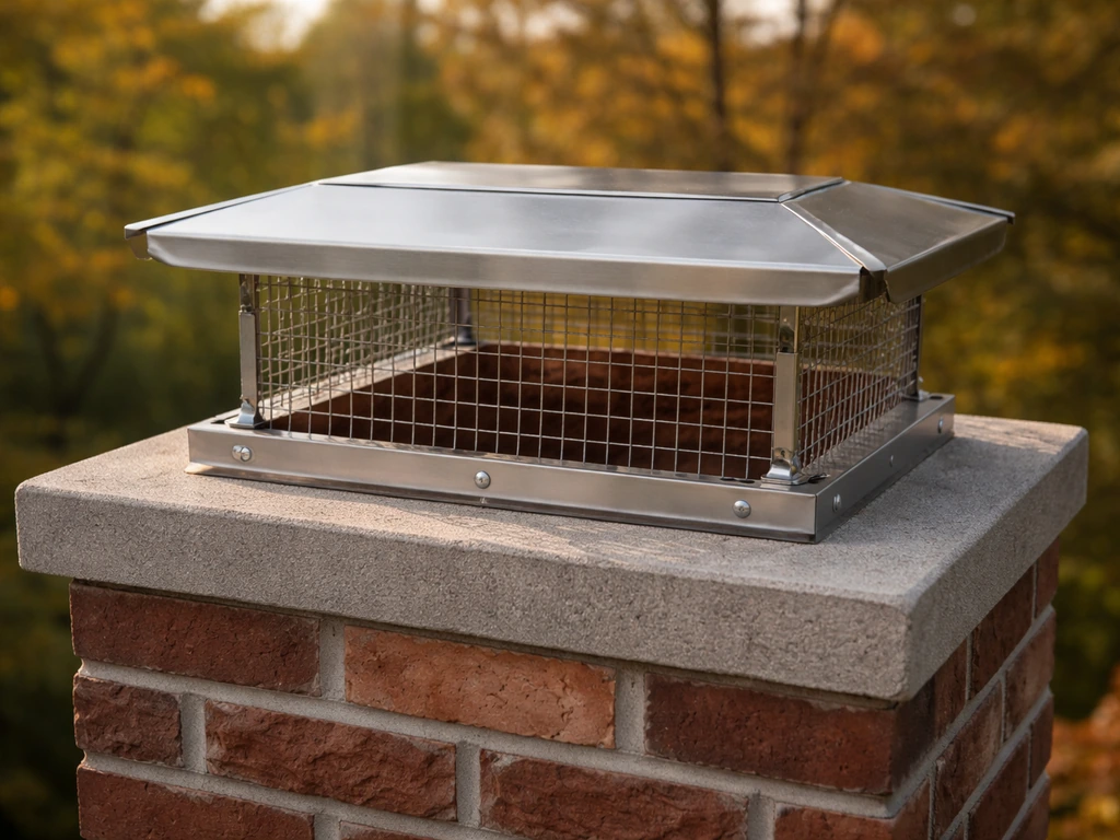 Close-up of a chimney cap with mesh screen covering the flue on a brick chimney.