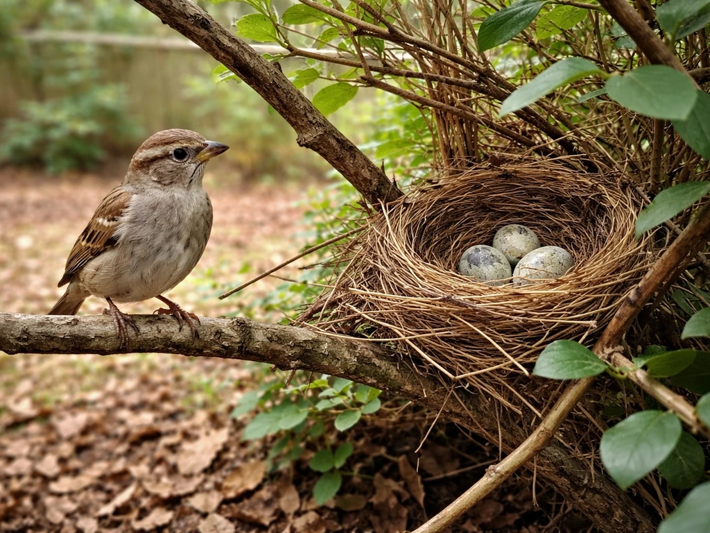 Wild parent bird perched near a clearly visible relocated nest in a quiet backyard.
