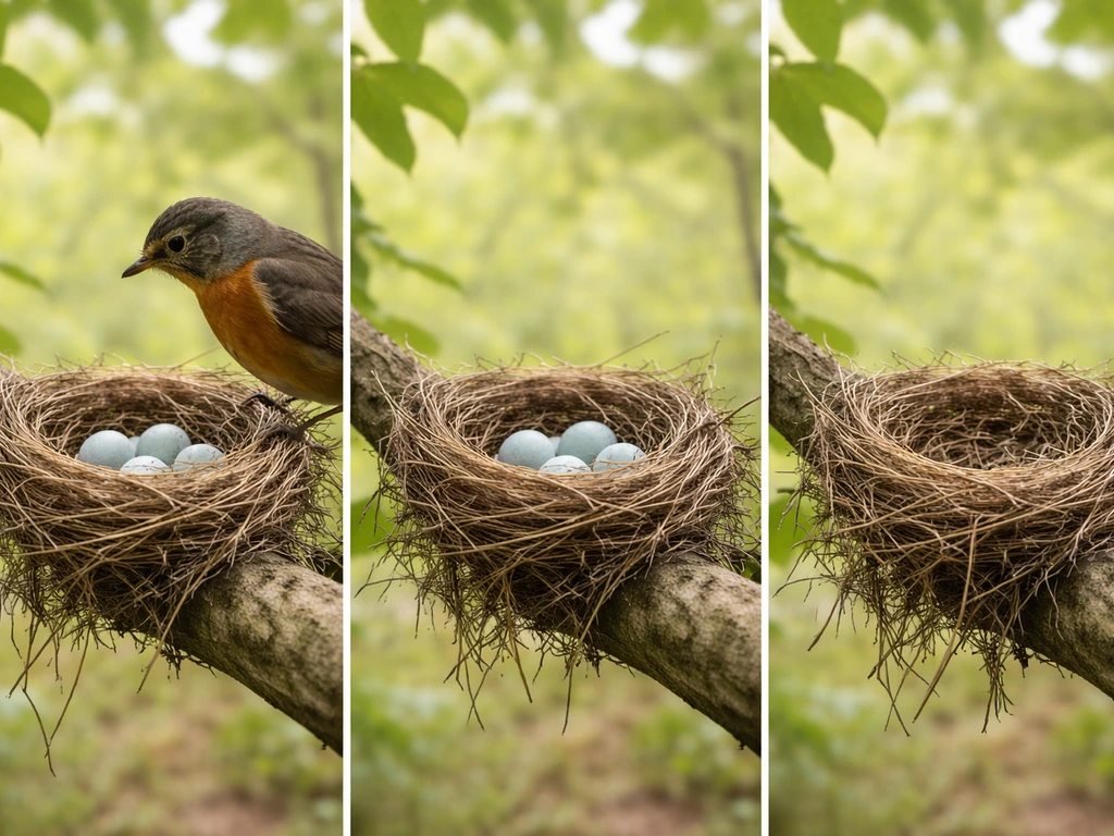 Three simple frames showing a bird nest with a parent bird briefly nearby, then absent, then abandoned.
